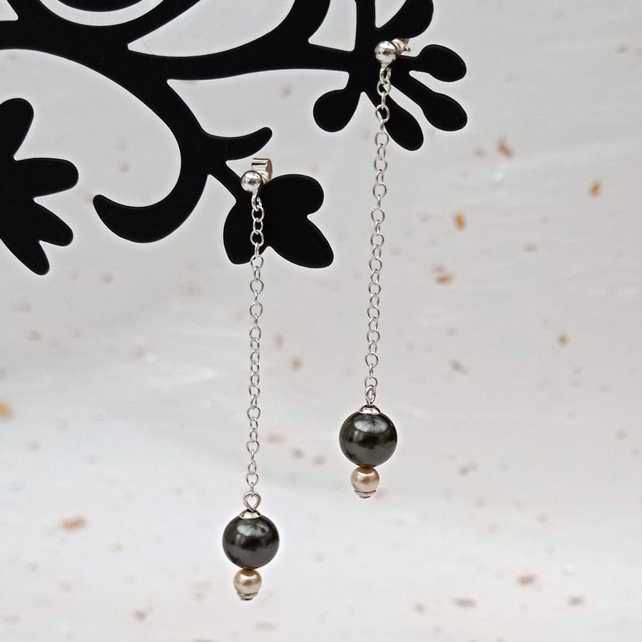 Black & pearl bead chain drop earrings, drop earrings, bead earrings