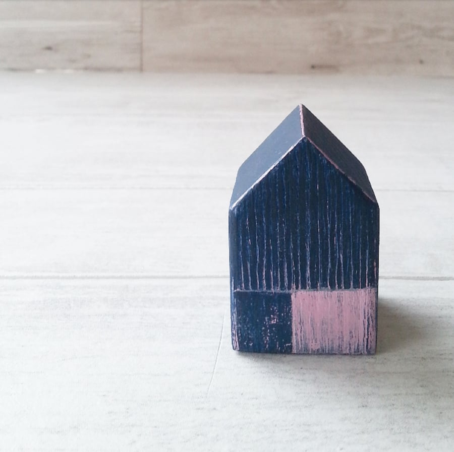 Miniature Wooden House, Little Blue House, Sgraffito House, Housewarming Gift