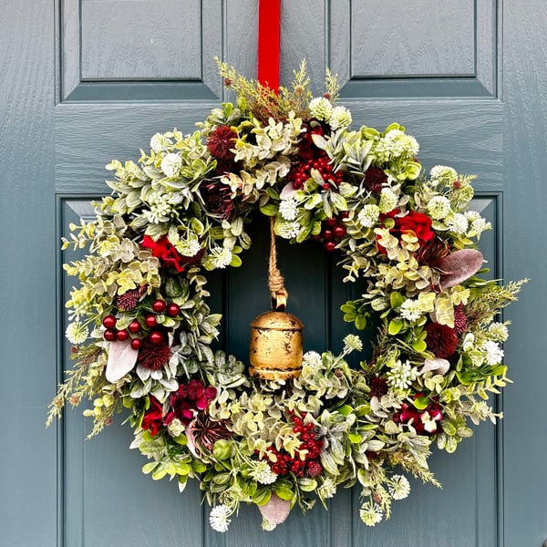 Faux Christmas Wreath with Bell: Rustic Holiday Door Decor (55cm)