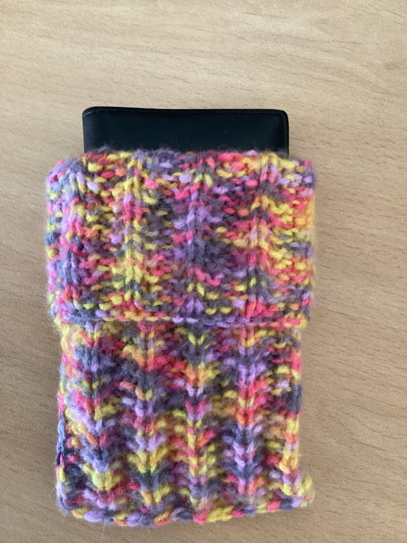 MOBILE PHONE SLEEVE SIZE 8x3.5" or 20x9cm HAND KNITTED IN MULTICOLOURED YARN