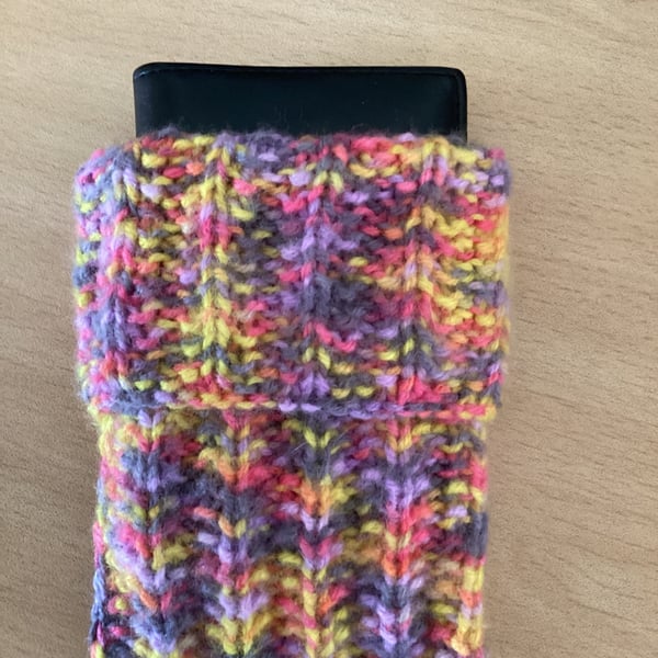 MOBILE PHONE SLEEVE SIZE 8x3.5" or 20x9cm HAND KNITTED IN MULTICOLOURED YARN