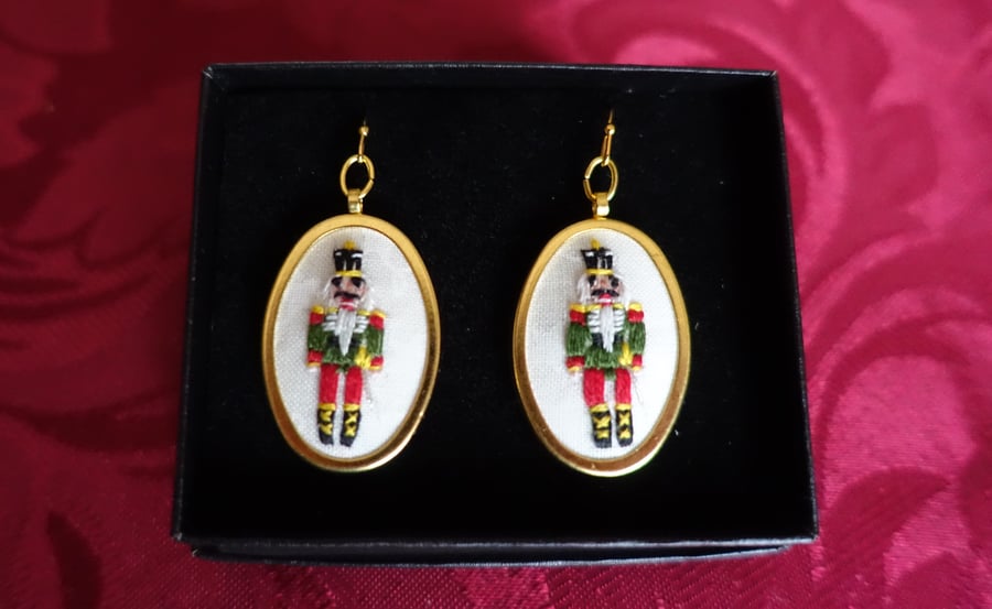 Hand Embroidery Earrings. Nutcracker Christmas Design.