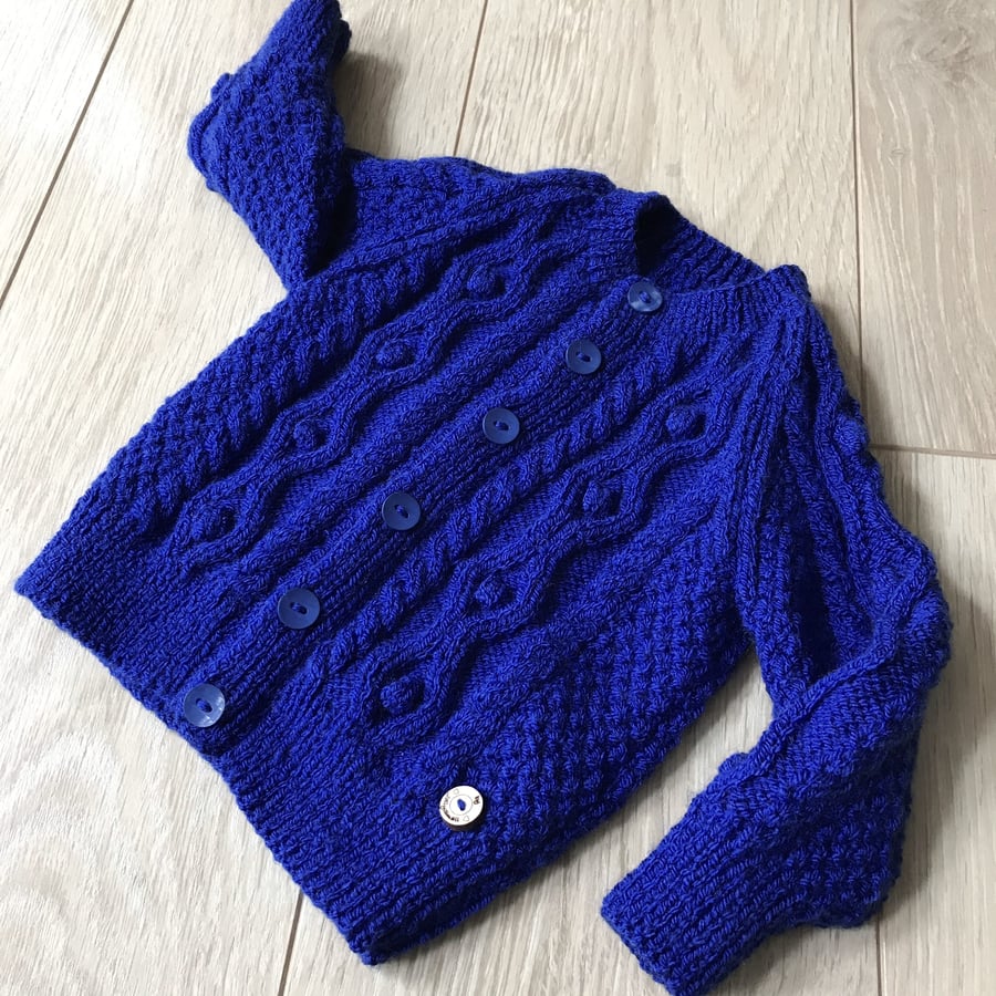 Hand Knitted Boy's Cardigan age up to 12 months in royal blue