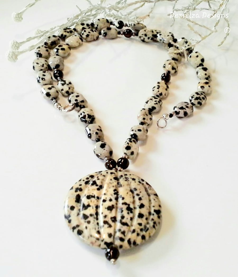 Natural Dalmatian Jasper, Smokey Quartz & Agate Sterling Silver Necklace