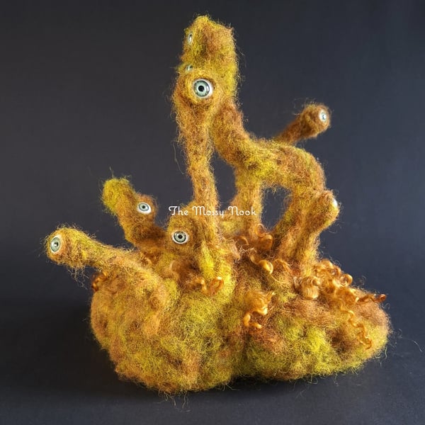 Needle Felted Moss Monster. Handcrafted Forest Guardian, Fantasy Sculpture.