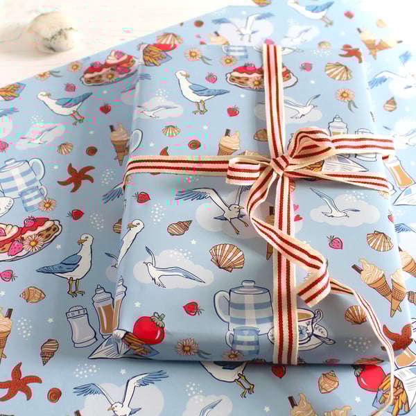 Tea Time By The Sea Gift Wrap pack of 2 Sheets with 2 tag