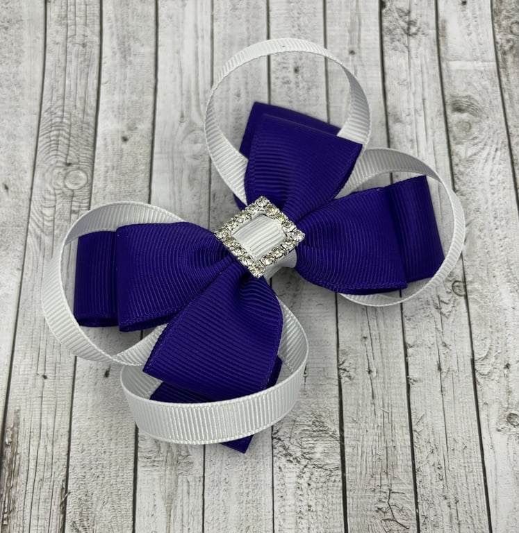 Purple Double Layer Bow with White Loops on Clip