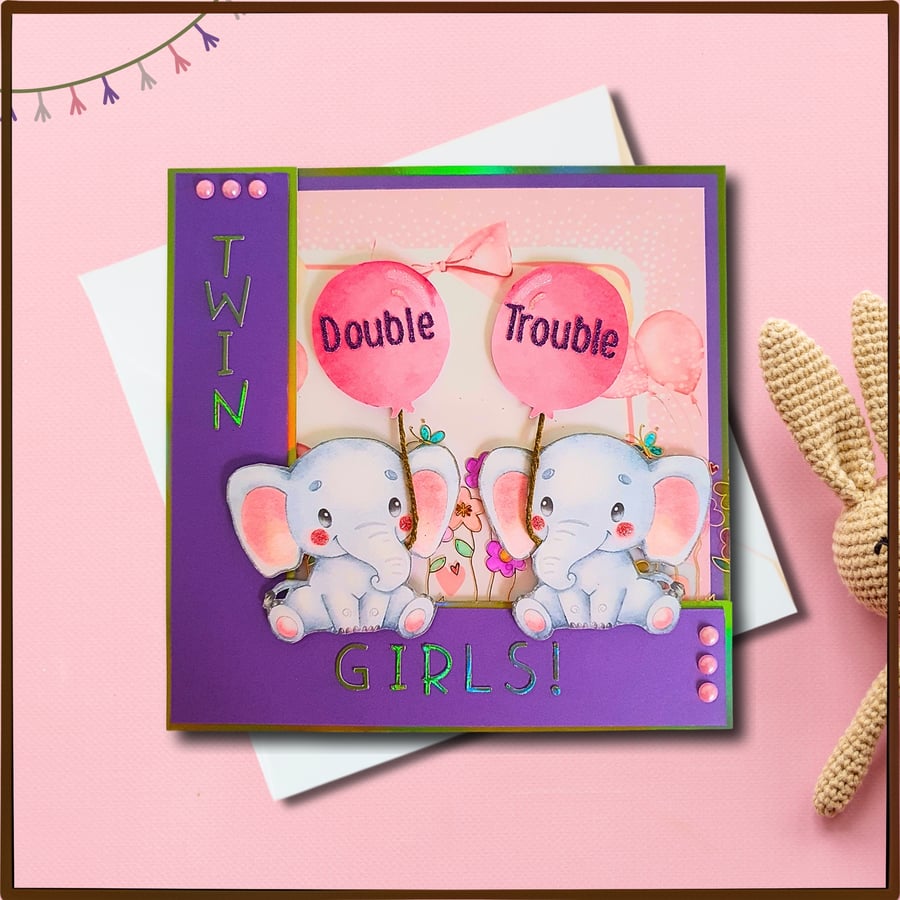 Twin Girls Handmade Card with elephants - Custom Made Card