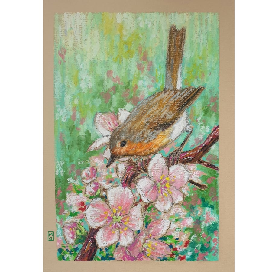 Robin in Springtime - Original oil pastel painting, bird wall art