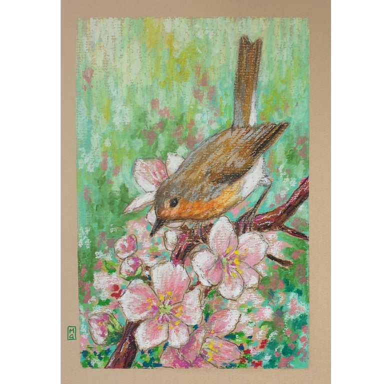 Robin in Springtime - Original oil pastel painting, bird wall art