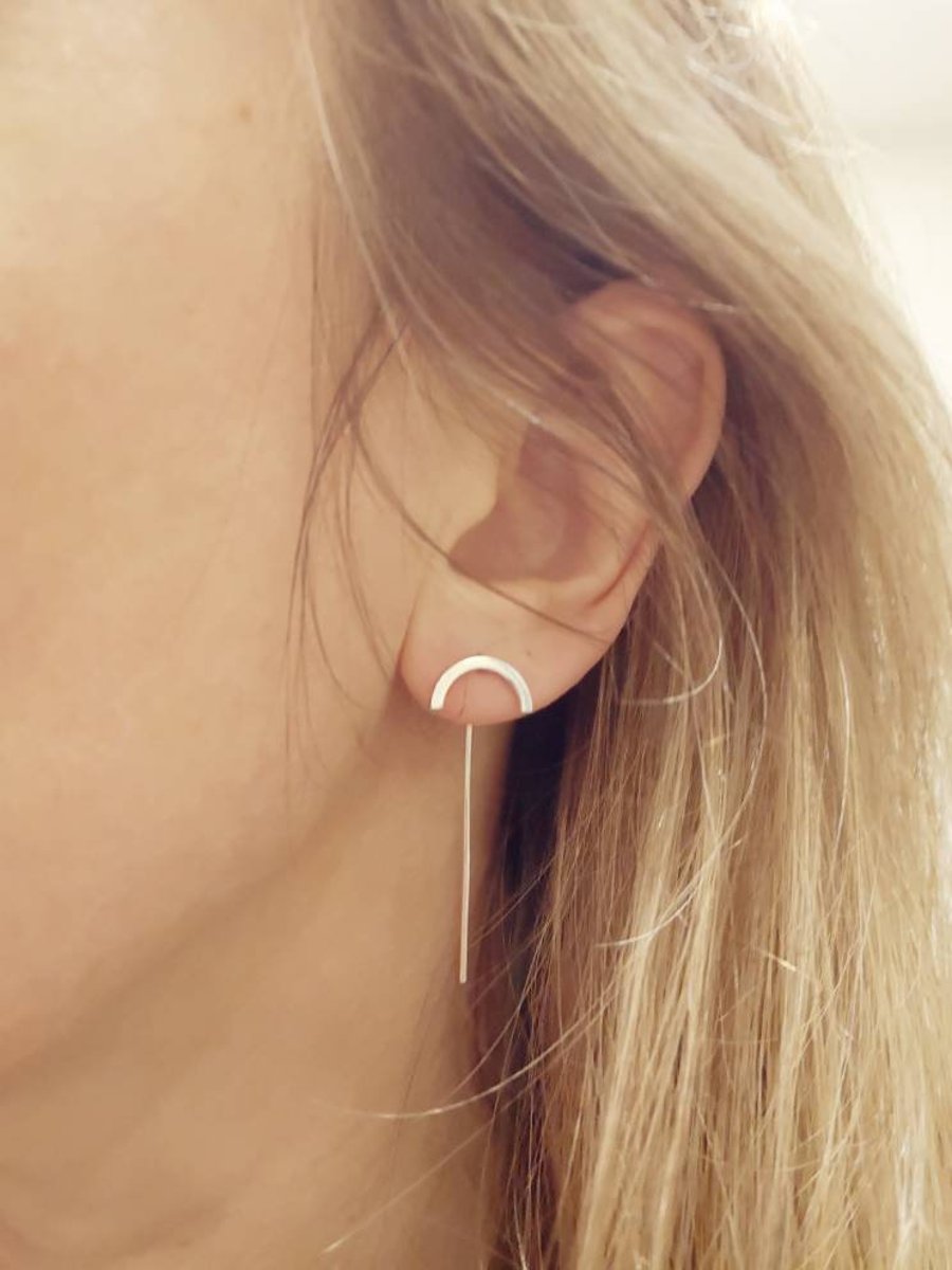 Semi-circle earrings, silver threader earrings