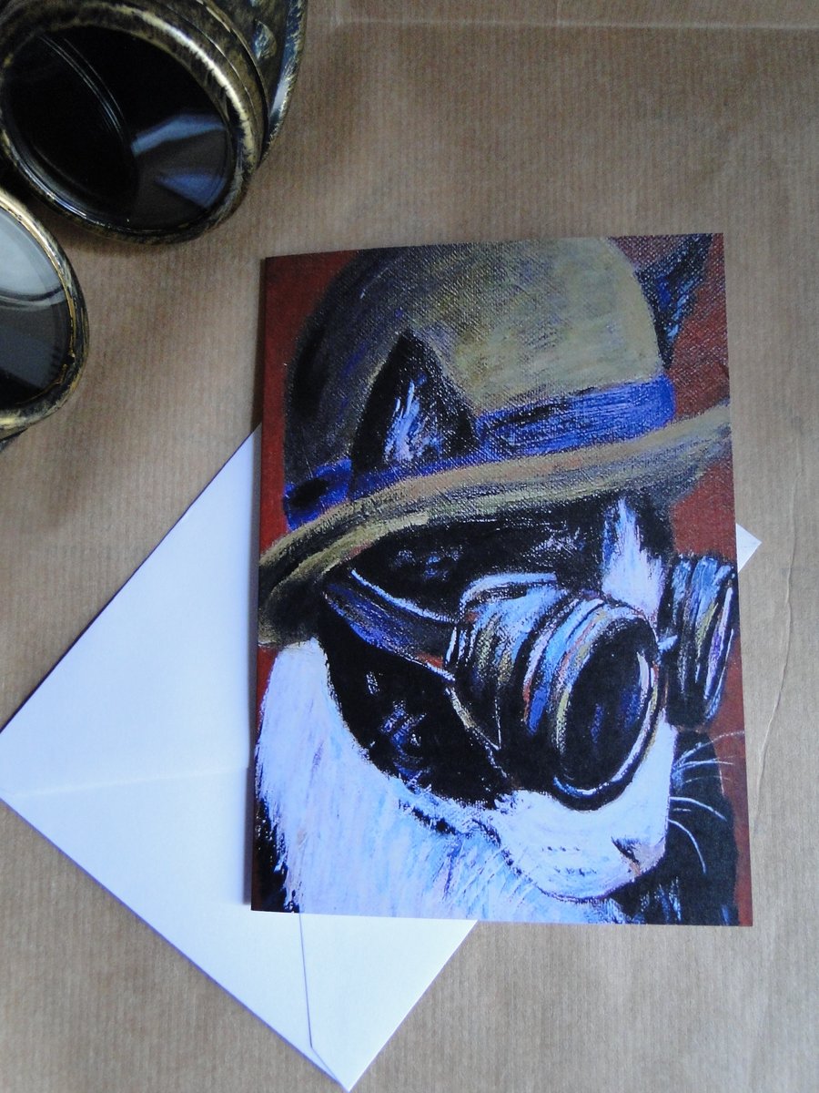Steampunk Kitty Cat Blank Greeting Card From my Original Art Acrylic Painting