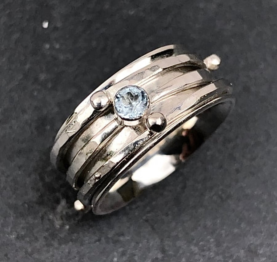 Aquamarine Spinner Ring, orbit spinner ring, wide aquamarine ring, celestial, 