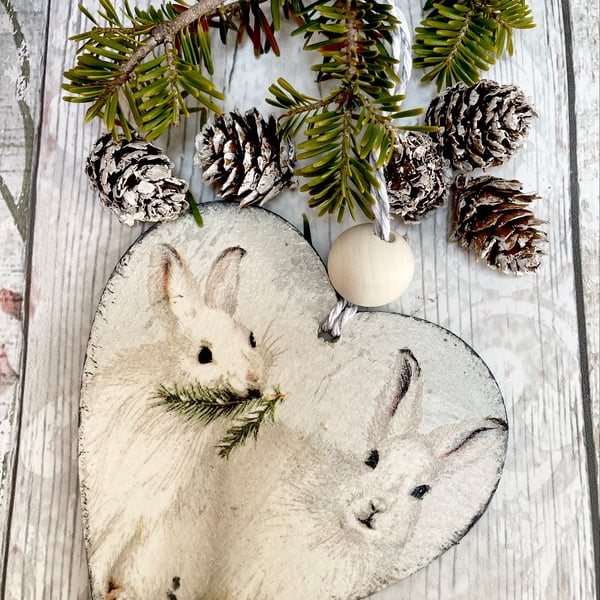 Vintage White Hare Hanging Heart Decoration Christmas Ornaments Festive Gift