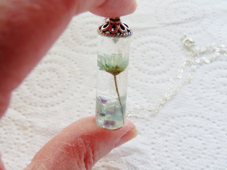 Daisy Resin Necklace with Fluorite Gemstones Sterling Silver Chain
