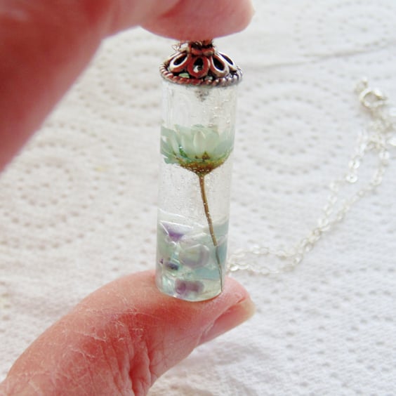 Daisy Resin Necklace with Fluorite Gemstones Sterling Silver Chain