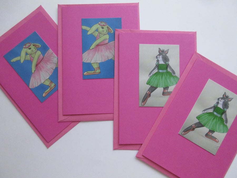 Ballerina Bunny Blank Greetings Card x 4 Pink Dancing Rabbits Beautiful Bundle
