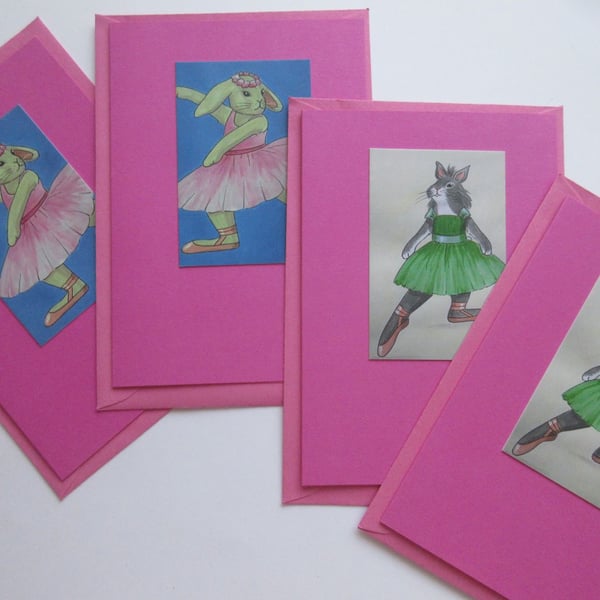 Ballerina Bunny Blank Greetings Card x 4 Pink Dancing Rabbits Beautiful Bundle