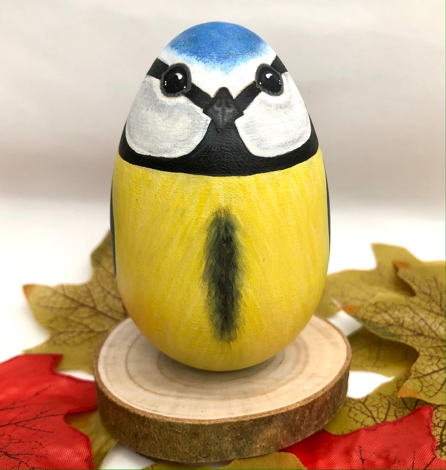 Blue Tit hand painted wooden egg ornament 