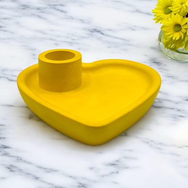 Candlestick - Yellow Heart Shaped Candle Holder and Trinket Dish