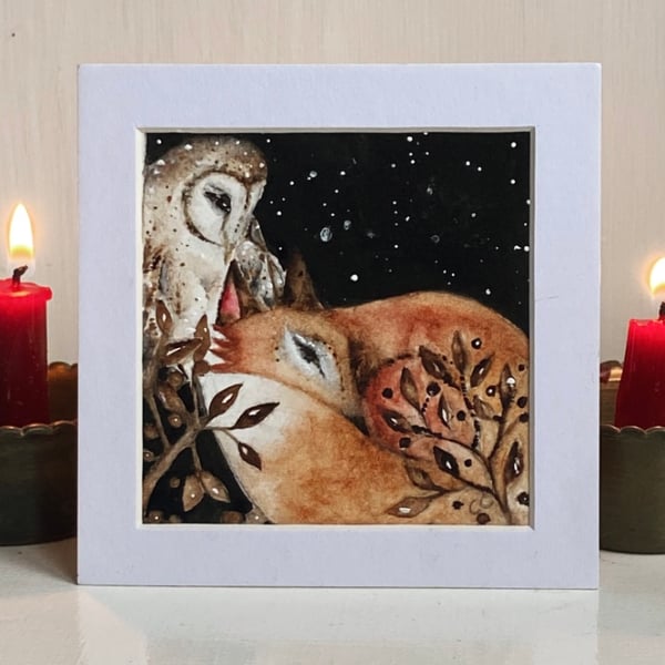 Original Resting Fox and Owl Watercolour 