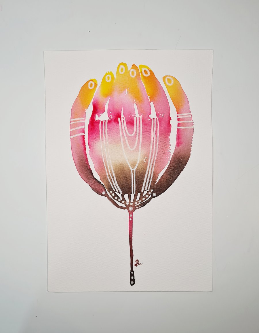 Original Watercolour Flower Painting, Delicate Pink Tulip Artwork, Wall Art