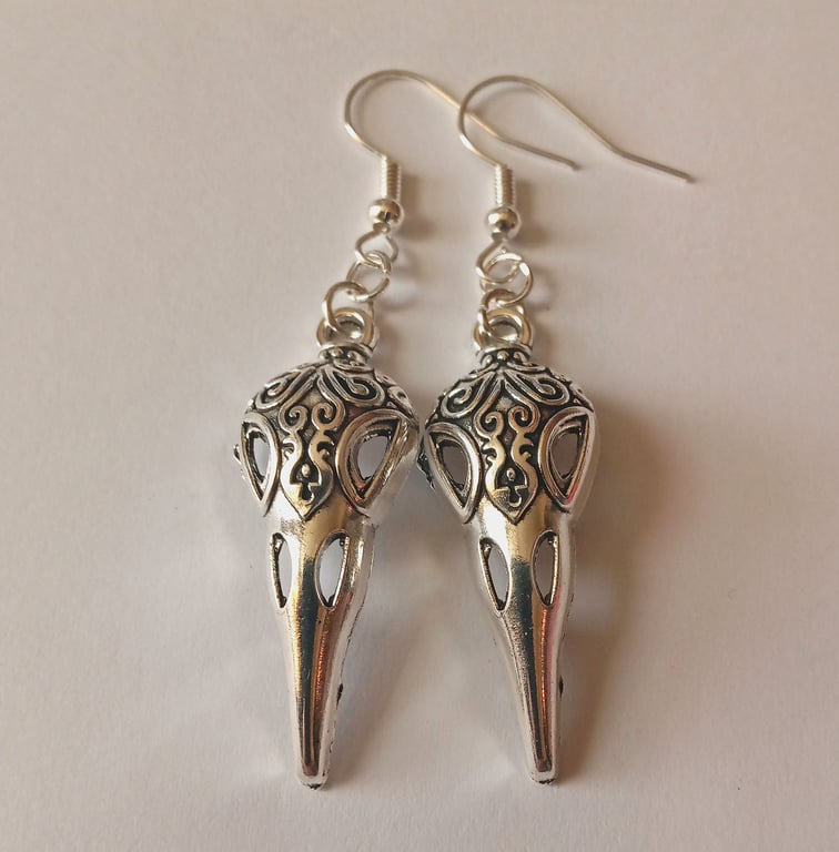 Tribal Bird Skull Silver Plate Drop Dangle Earrings