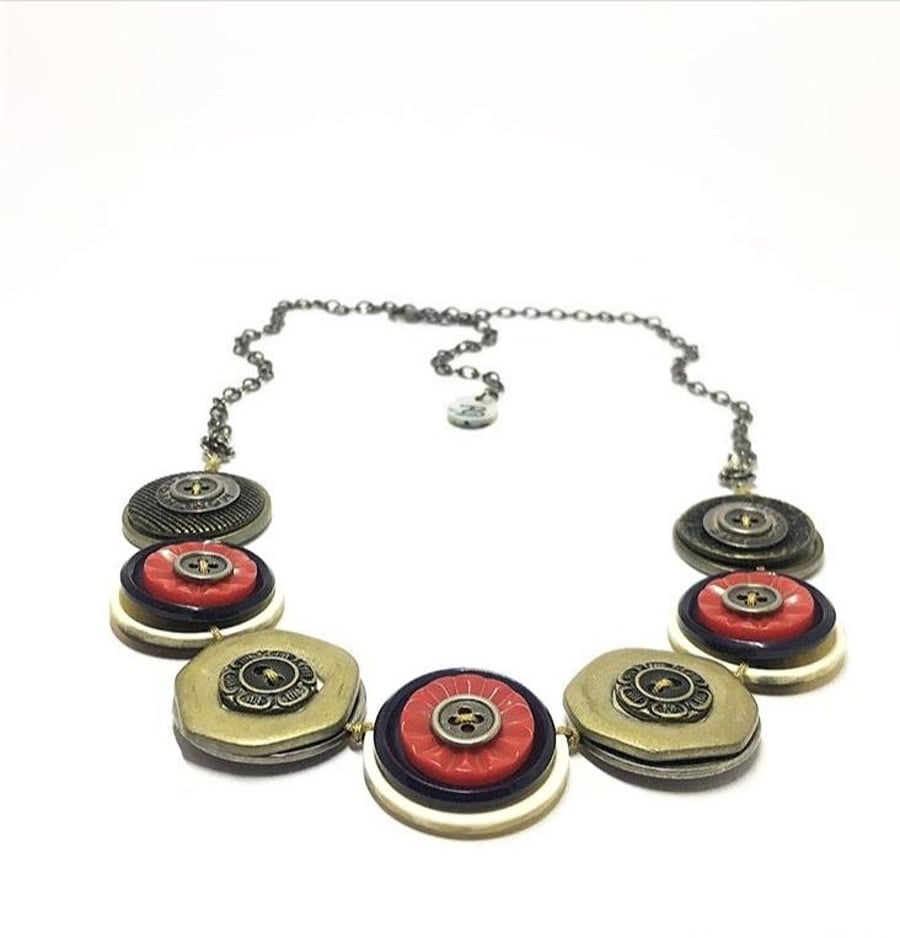 Beautiful Vintage Metal Buttons Handmade Necklace - Navy and Red - one off piece