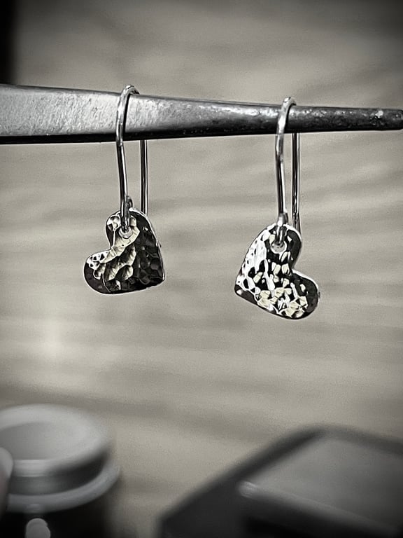 Hammered Heart Sterling Silver Hook wire Drop Earrings