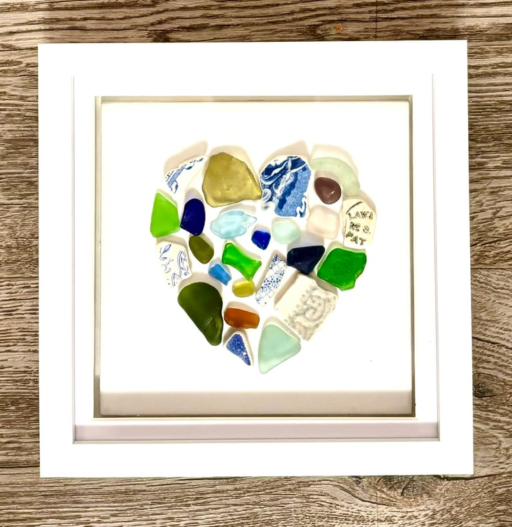Framed Sea Glass and Porcelain Heart