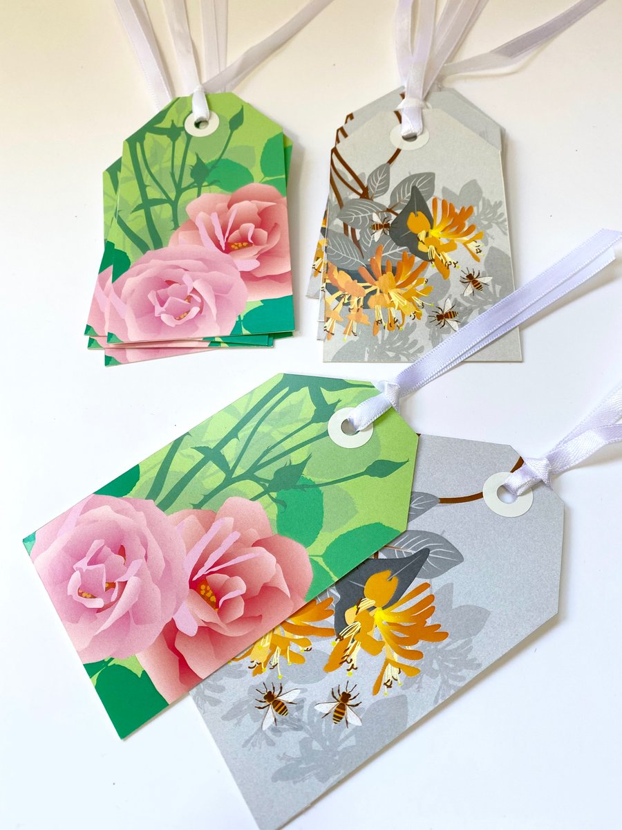 SALE - 10 Floral Gift Tags, Pink Rose & Orange Honeysuckle