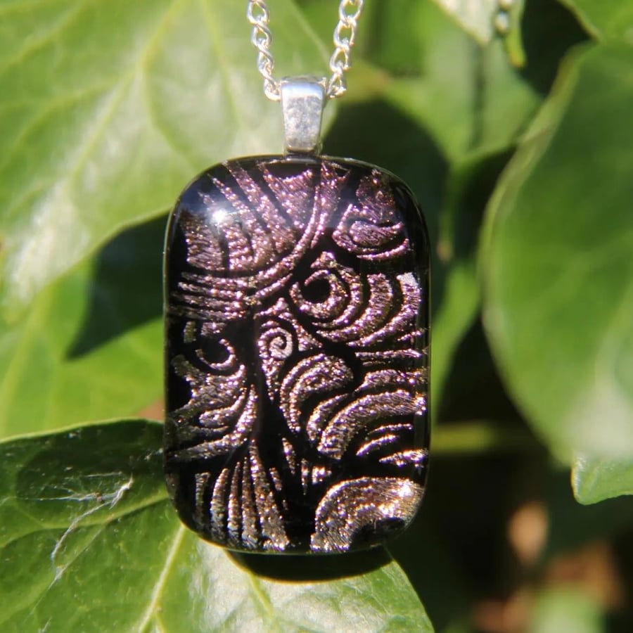 Fairy Wing Dichroic Glass Pendant: Rose Gold Fused Glass Necklace F47