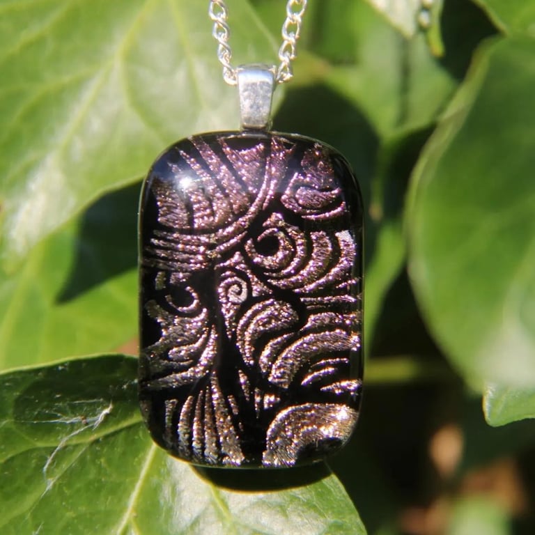 Fairy Wing Dichroic Glass Pendant: Rose Gold Fused Glass Necklace F47