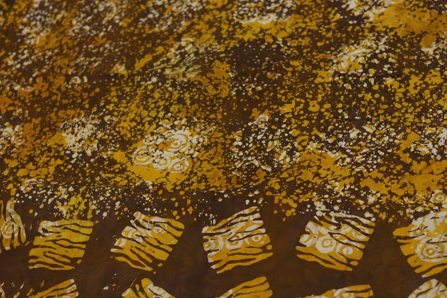 brown and yellow blocks African adire batik hand printed fabric sold by the Yard