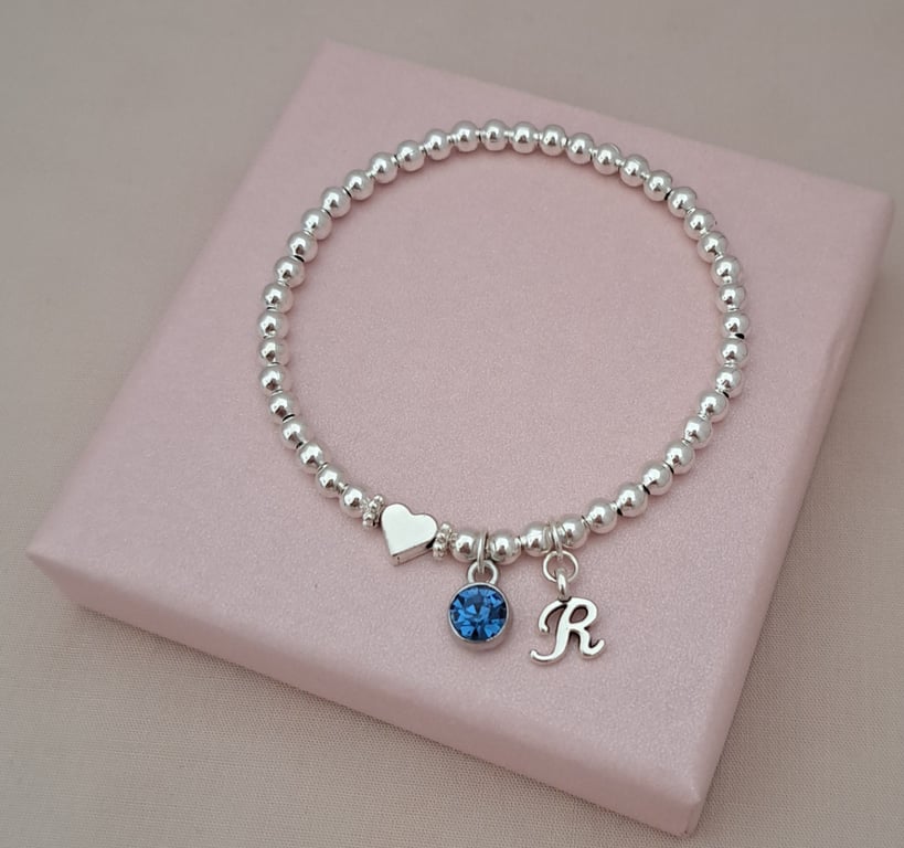Personalised Initial & Birthstone Bracelet with Heart , Silver Beaded Stretch 