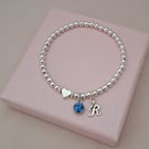 Personalised Initial & Birthstone Bracelet with Heart , Silver Beaded Stretch 