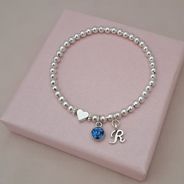Personalised Initial & Birthstone Bracelet with Heart , Silver Beaded Stretch 