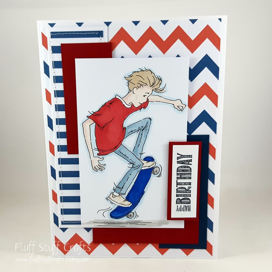 Handmade teenage birthday card - skateboarder