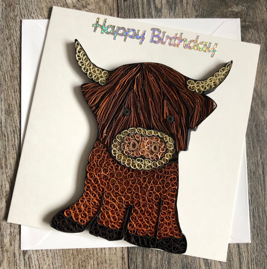 Stunning handmade quilled highland cow card