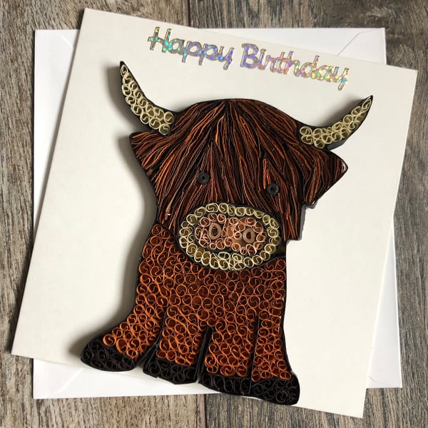 Stunning handmade quilled highland cow card