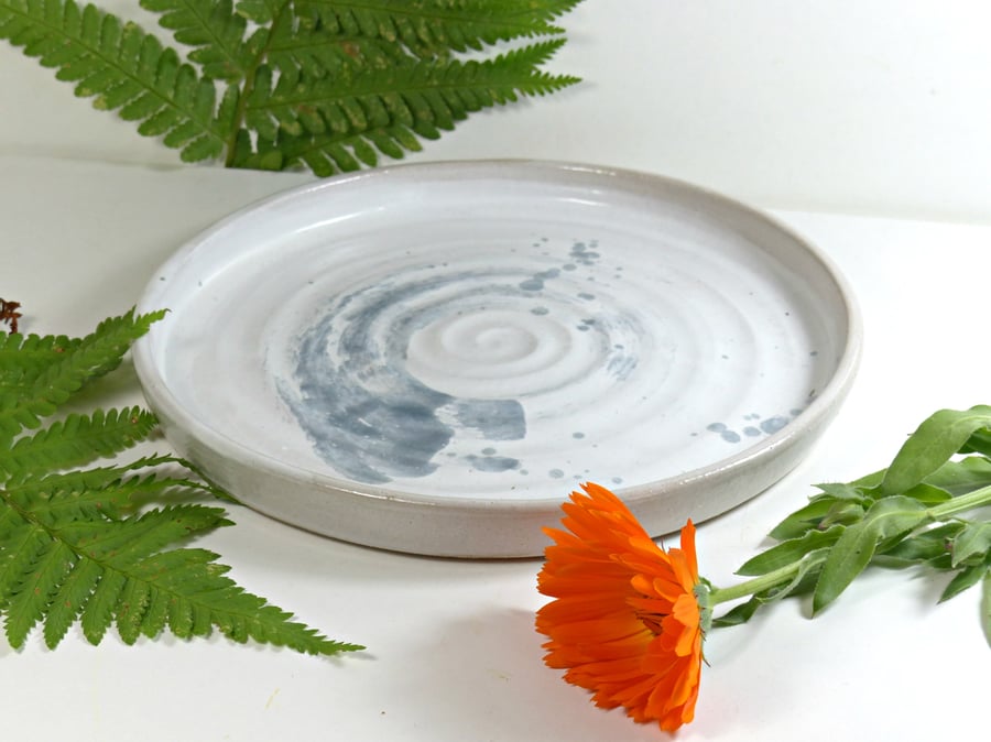 White with a Grey Swirl Stoneware 17cm Plate Pottery Ceramic Handmade
