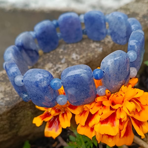 Natural Blue Aventurine Stretch Bracelet, 8 inch length