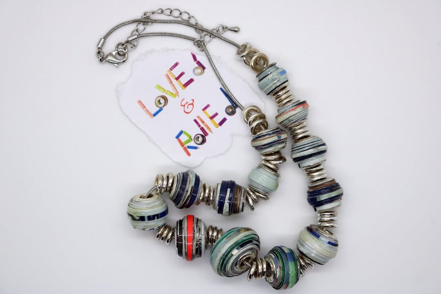 Chunky Pandora style multi coloured paper beads necklace 