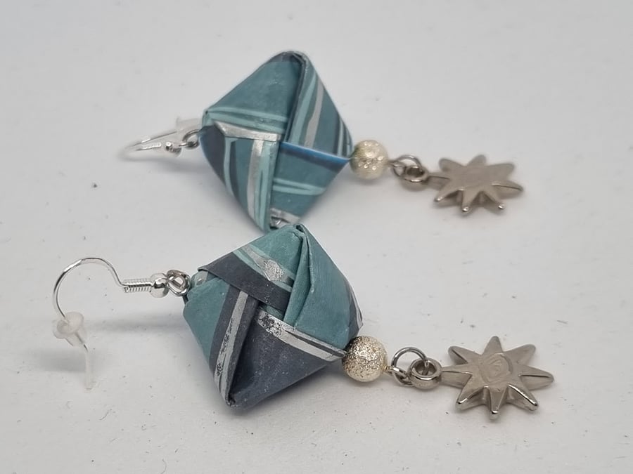 Origami earrings  blue metallic paper, beads and charms
