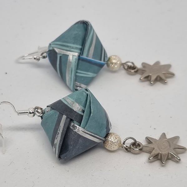 Origami earrings  blue metallic paper, beads and charms