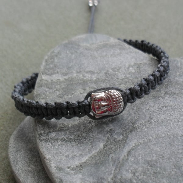 Buddha Sterling Silver Macrame Bracelet With Grey Cotton Cord and 