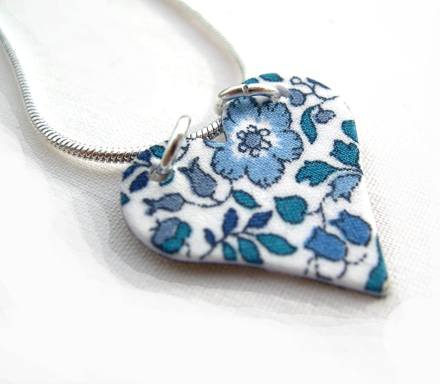 Unusual Gift Blues Pretty Liberty of London Hardened Fabric Heart Necklace