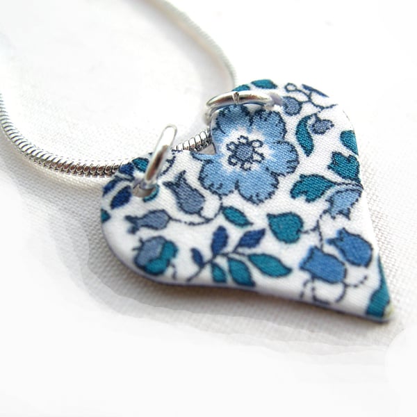 Unusual Gift Blues Pretty Liberty of London Hardened Fabric Heart Necklace