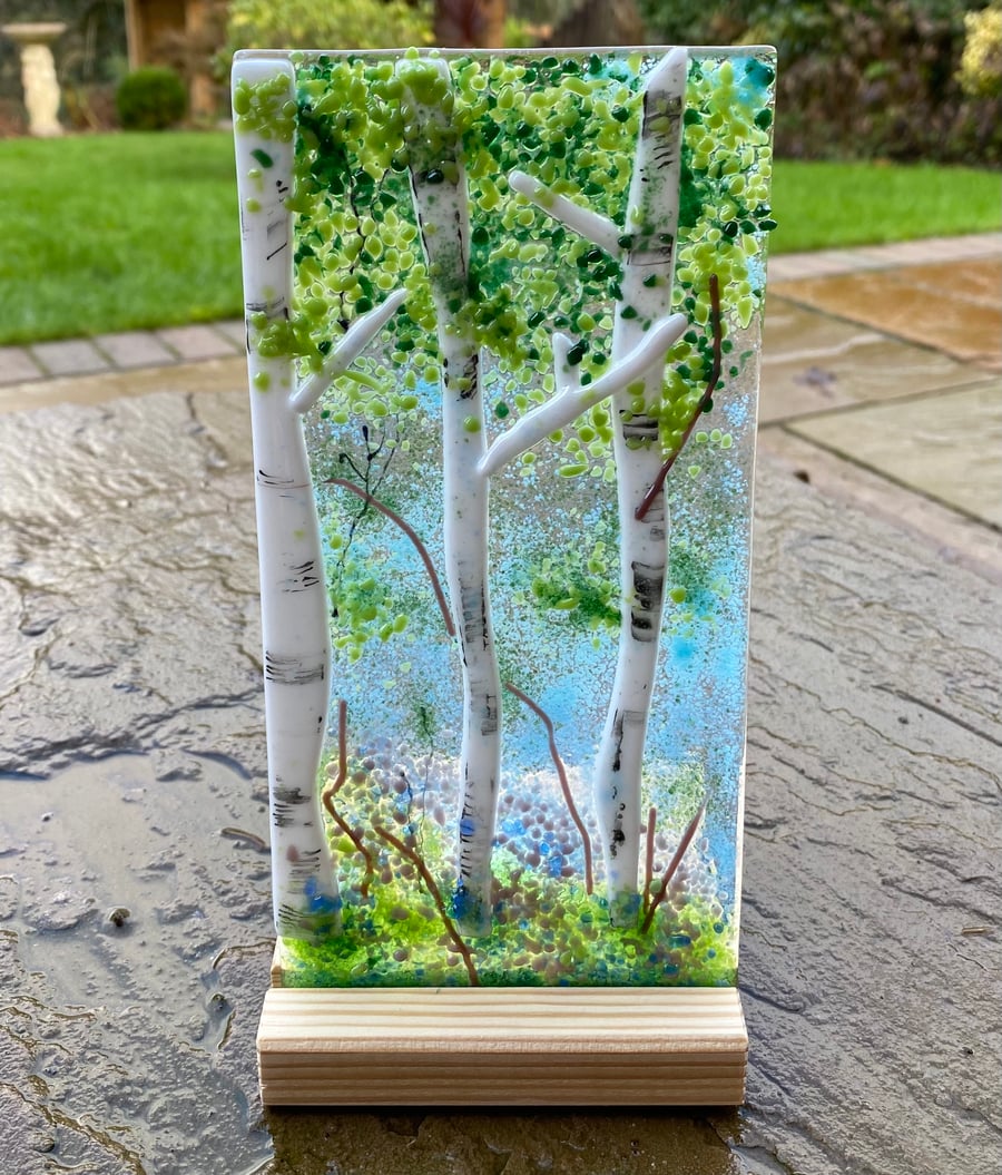 Fused glass woodland scene art panel