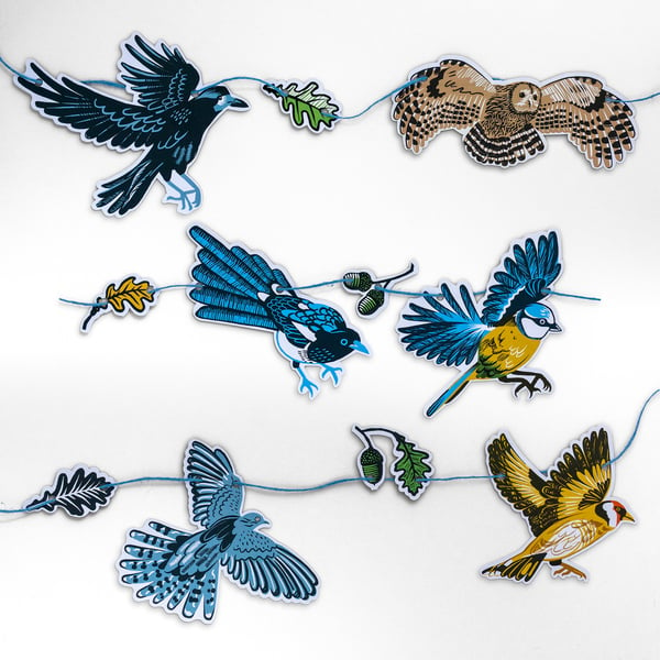 Take Flight garland, Crow, Owl, Magpie, Blue Tit, Cuckoo and Goldfinch